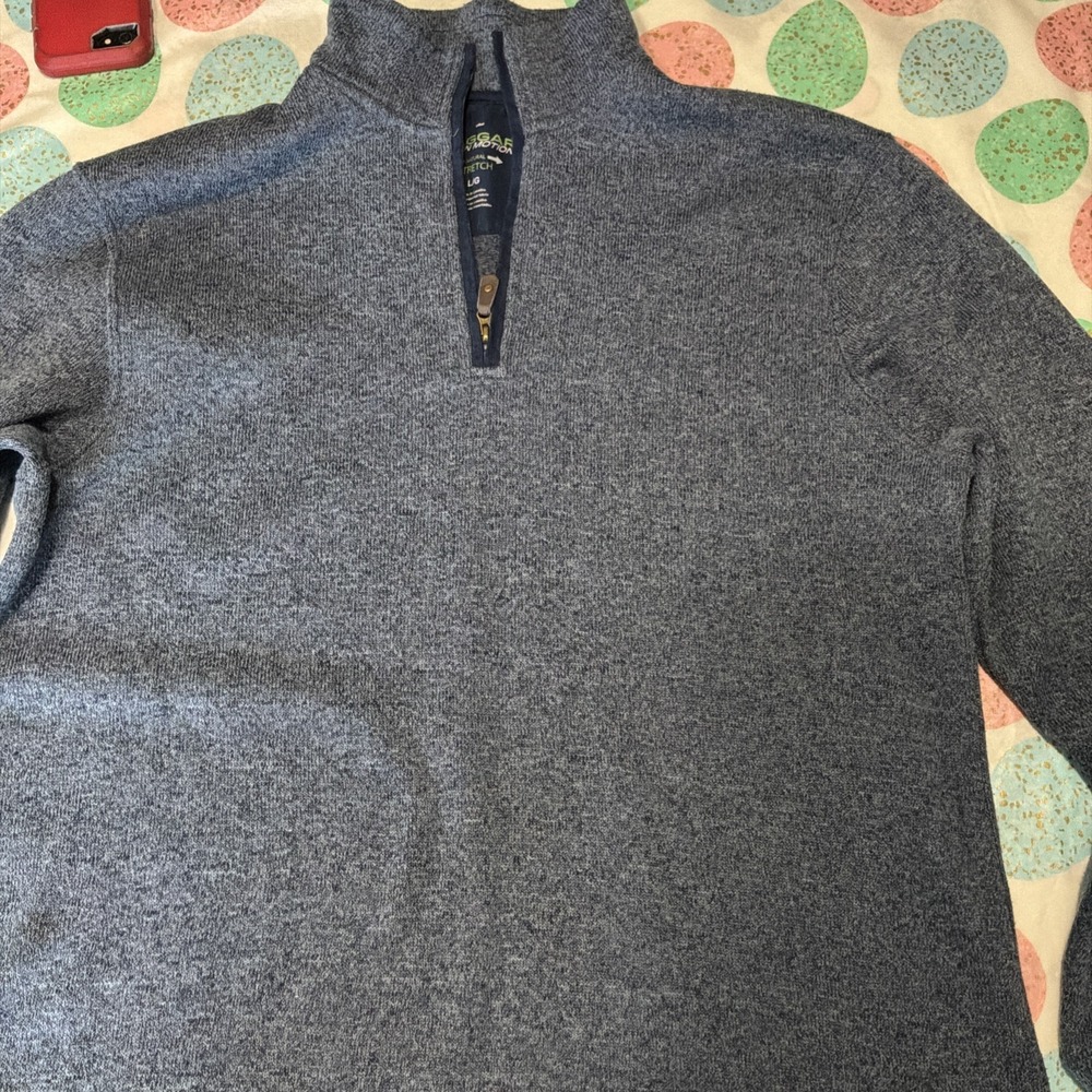 Haggar In Motion L Pullover 1/4 Zip Blue Sweater Natural Stretch Mens Fleece